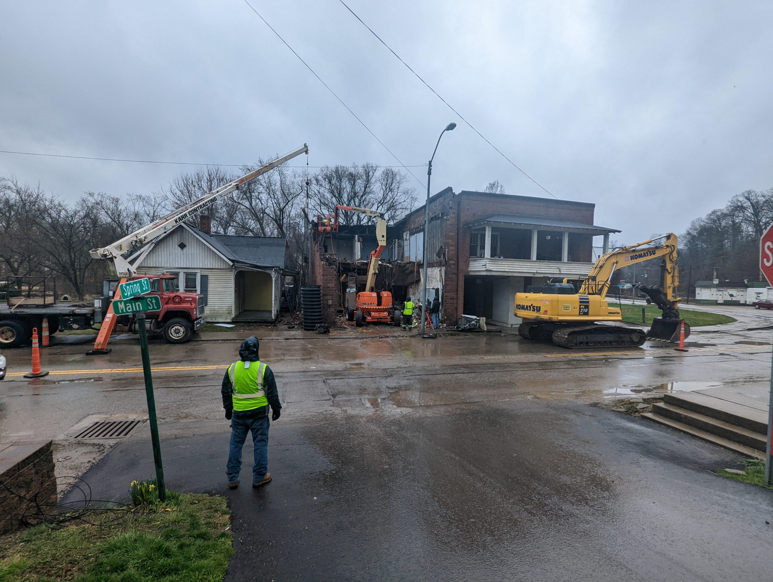 Commercial building at 3 Main Street, Glouster, Ohio during demolition